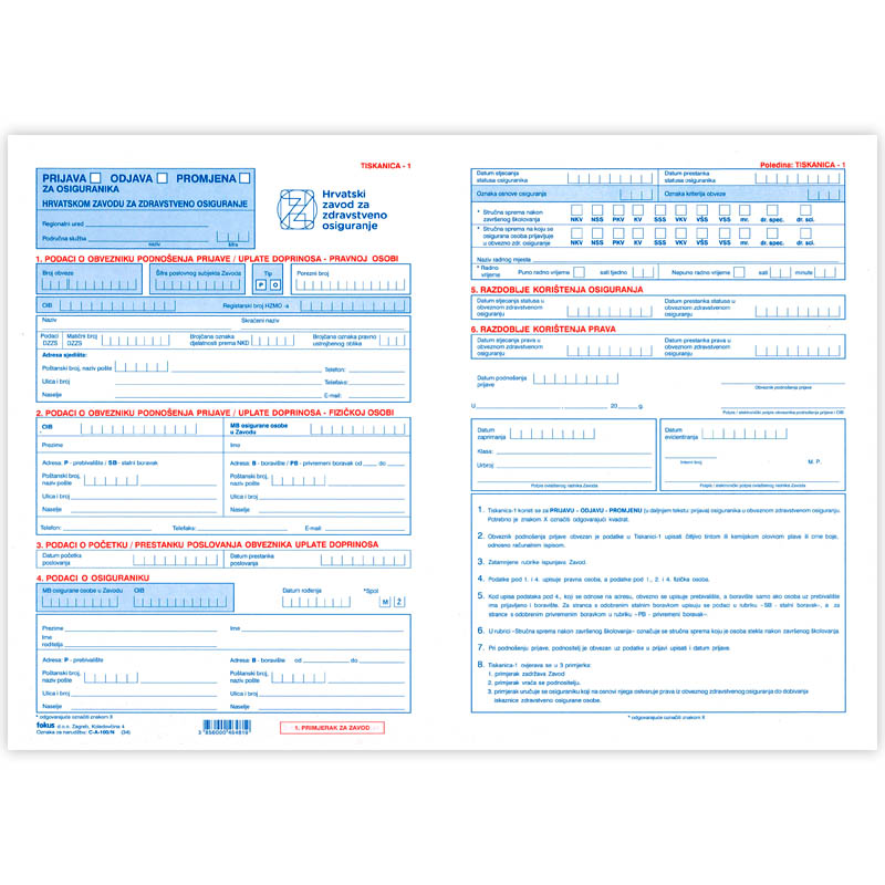 Tiskanica 1 A3 (Prijava-odjava-promjena za osiguranika), obrazac C-A-100/N Fokus