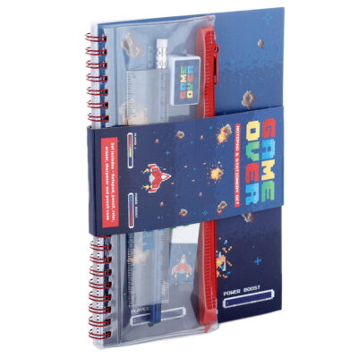 Set šk.pribor 1/6 Game Over, spiralni notes sa pernicom i priborom