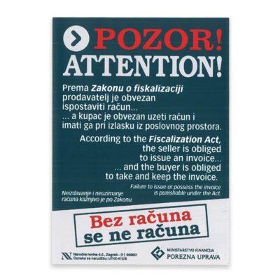 Naljepnica "Pozor/Attention fiskalizacija" 9,9x14cm Narodne novine IX-412/S
