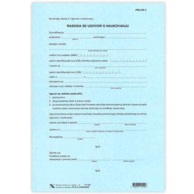 Raskid ugovora o naukovanju za kvalifikaciju (plavi) Prilog 3, obrazac XI-4-123/RASKID NN