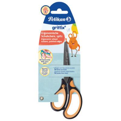 Škare školske 15cm za ljevake griffix Pelikan neon narančaste/crne blister