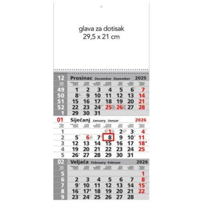 Kalendar zidni trodijelni sa spiralom sivi