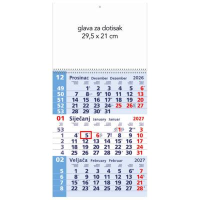 Kalendar zidni trodijelni sa spiralom plavi