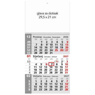 Kalendar zidni trodijelni sa spiralom sivi