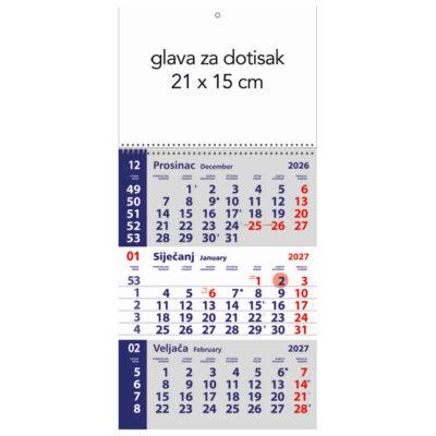 Kalendar zidni trodijelni mali-3 mjesec/listu, spirala